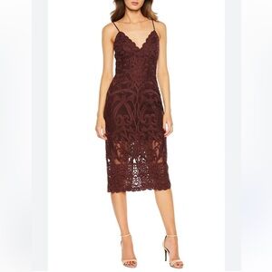 BARDOT Gia Lace Pencil Midi Dress w/ Spaghetti Strap Burgundy Size 4